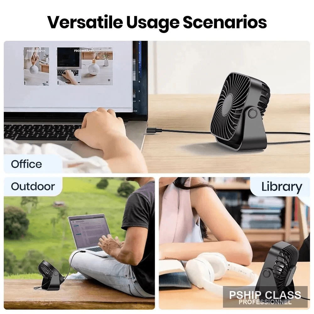 produMini ventilateur USB portable 4 pouces 3 vitesses silencieux 360° bureau et camping - vue 6 ct_name - P-SHIP